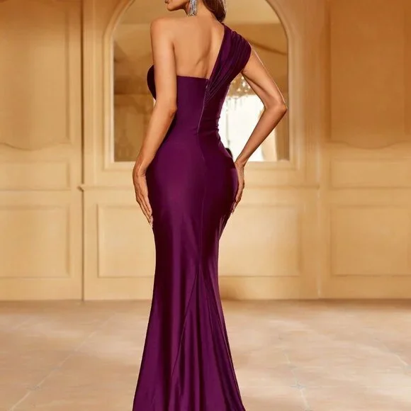 Purple Preppy Womens One Shoulder Ruched Split Thigh Formal Bridesmaid… - Picture 2 of 5
